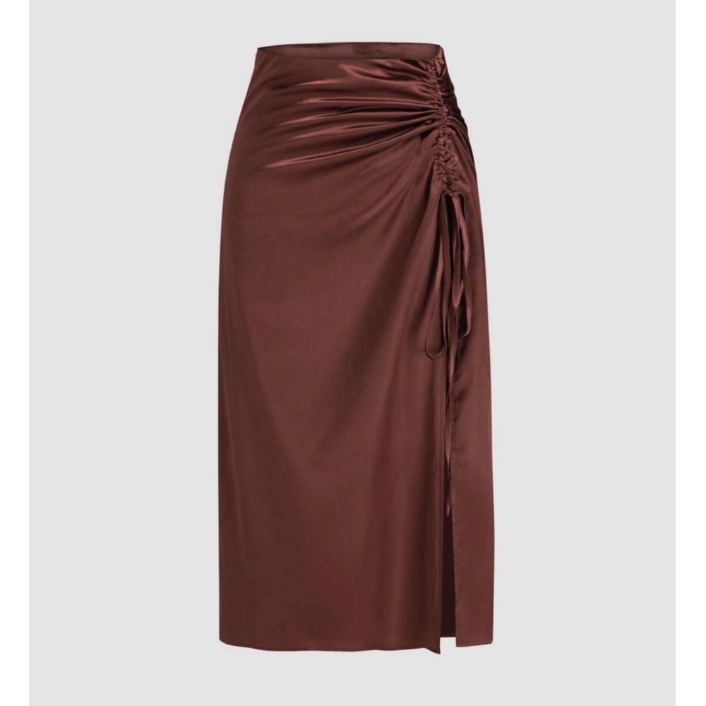 Brand: Cider. Satin Brown drawstring midi skirt. Size small. NWT